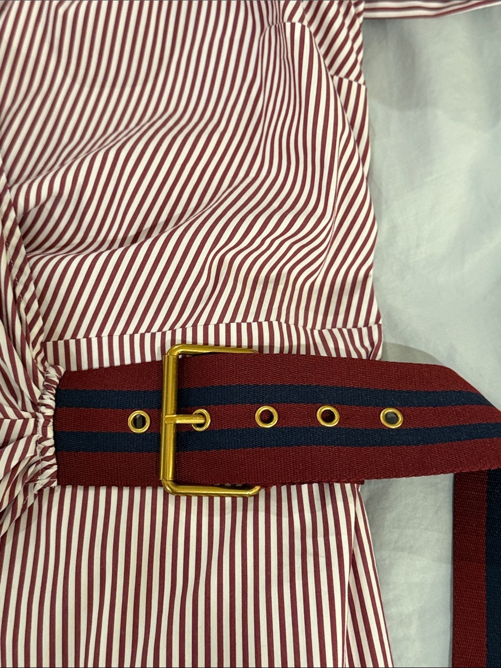 Veronica Beard Burgundy Stripe Side-Buckle Ruched Wrap Midi Shirt Dress Size 12 - Picture 6 of 6